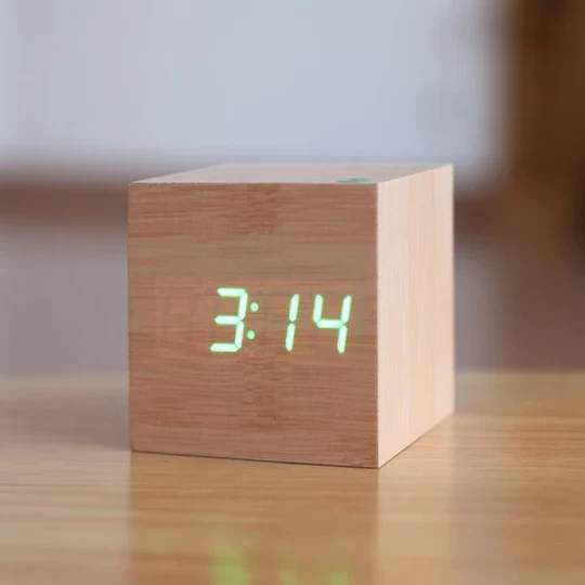 Digital LED Wood Block Clock with Alarm and Battery Power