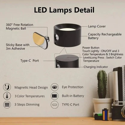 Rechargeable Wall Lamp with Magnetic Ball Rotation and Touch Control, Three Color Temperatures