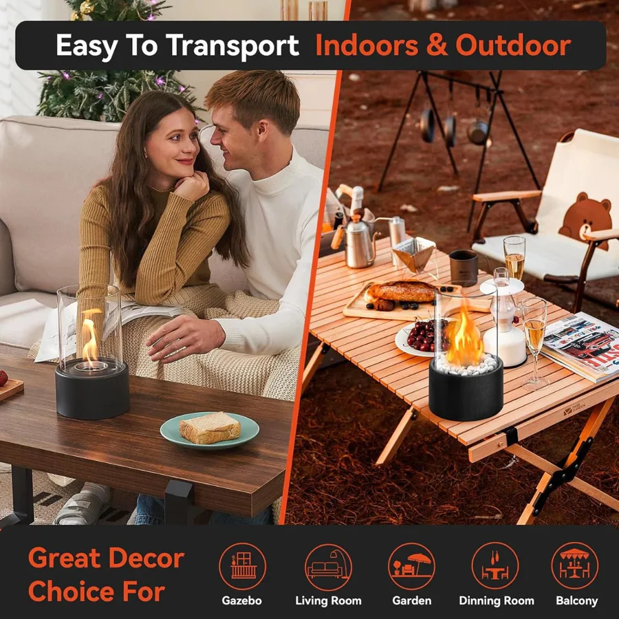 Portable Tabletop Fireplace with Real Ethanol Flames and Included Snuffer