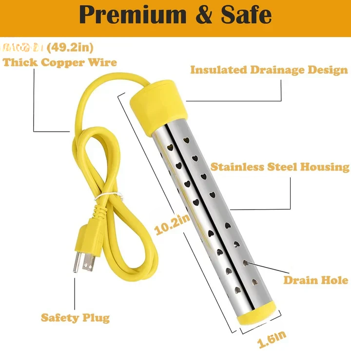 Bucket Water Heater with Safety Guard and Insulated Handle, 39.4ft Cord