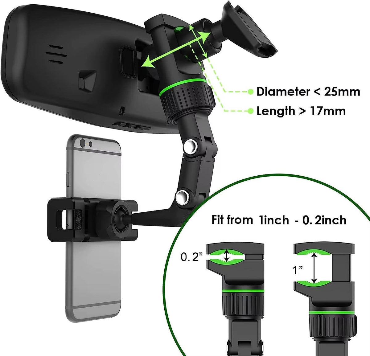 Rearview Mirror Phone Mount with a 360 Degree Ball Joint, Spring Clip and Foldable Arm in Green or Gray