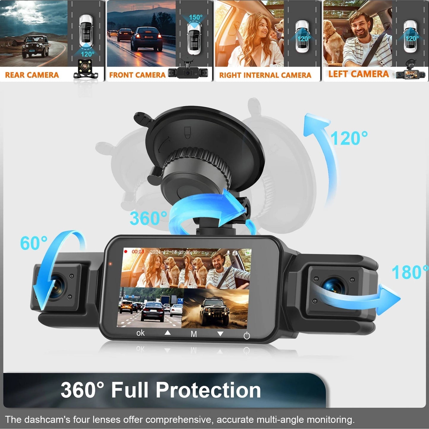 4-Channel Dash Cam with Night Vision and Parking Monitor, WiFi App Control