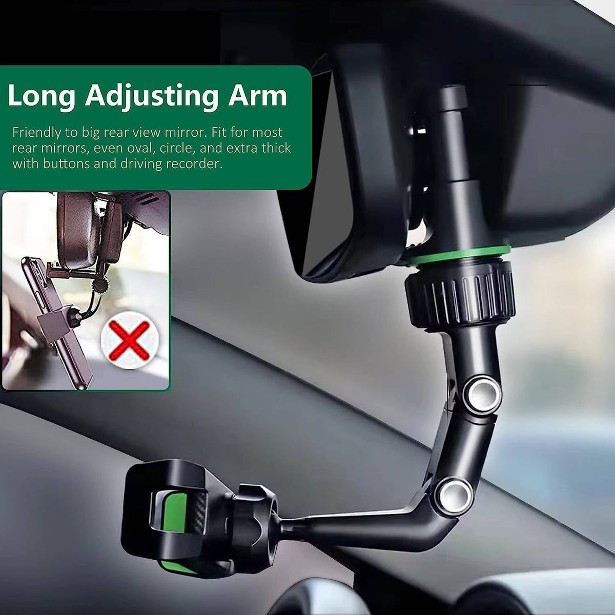 Rearview Mirror Phone Mount with a 360 Degree Ball Joint, Spring Clip and Foldable Arm in Green or Gray