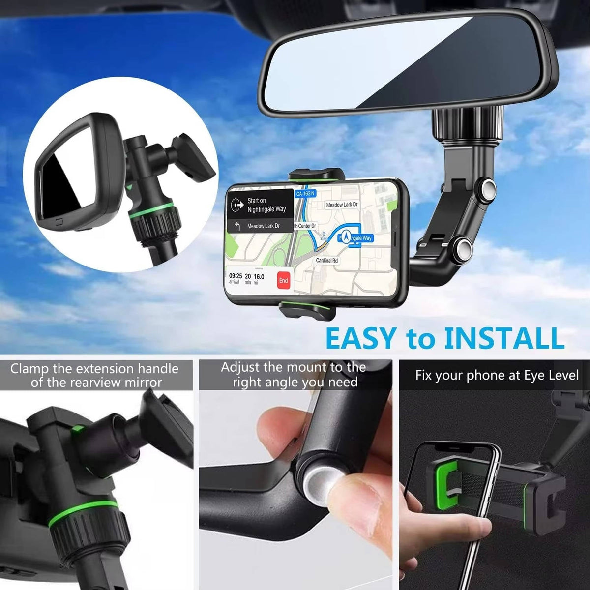Rearview Mirror Phone Mount with a 360 Degree Ball Joint, Spring Clip and Foldable Arm in Green or Gray