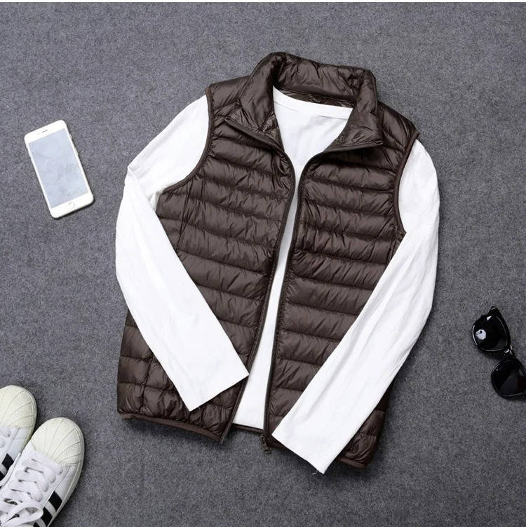 Packable Down Vest with Stand Up Collar and Water Resistant Shell