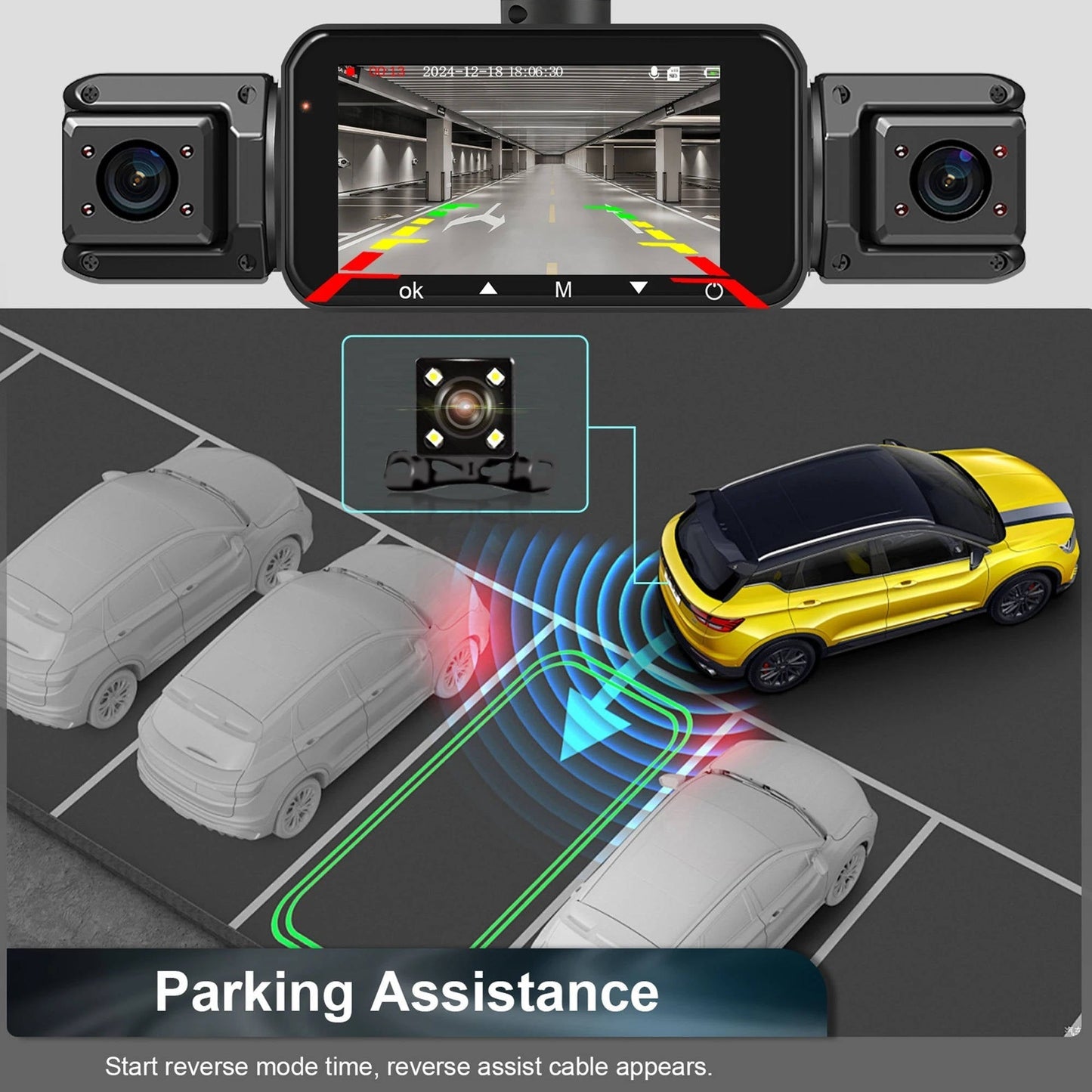 4-Channel Dash Cam with Night Vision and Parking Monitor, WiFi App Control