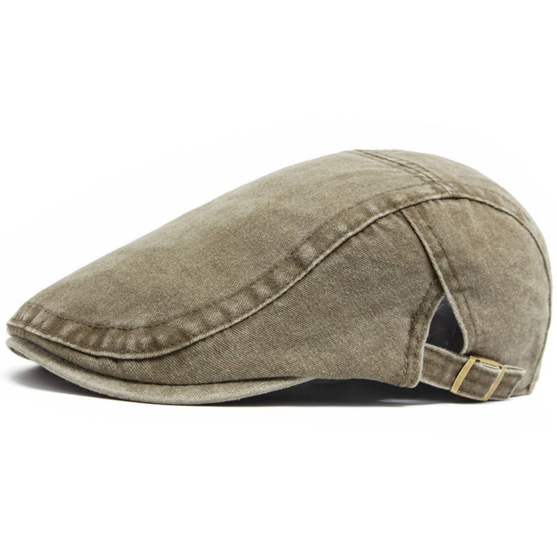 Distressed Denim Flat Cap with Eight Panel Construction and Adjustable Band
