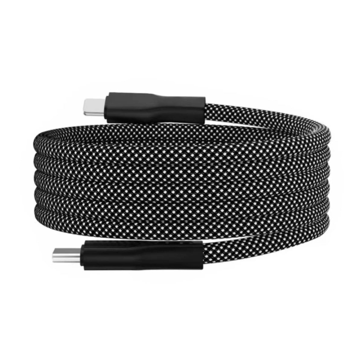 Magnetic Self Coiling Braided Charging Cable with Interchangeable Magnetic Tips in Four Connector Types