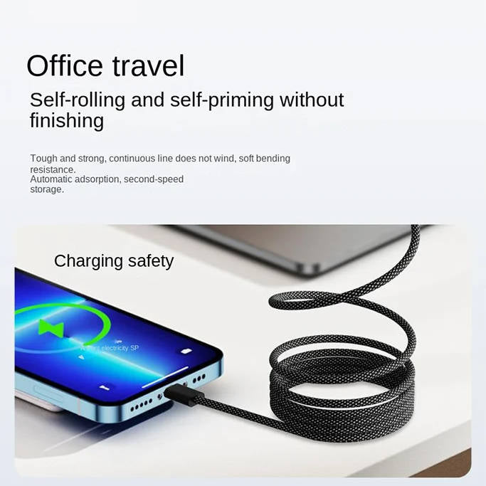 Magnetic Self Coiling Braided Charging Cable with Interchangeable Magnetic Tips in Four Connector Types