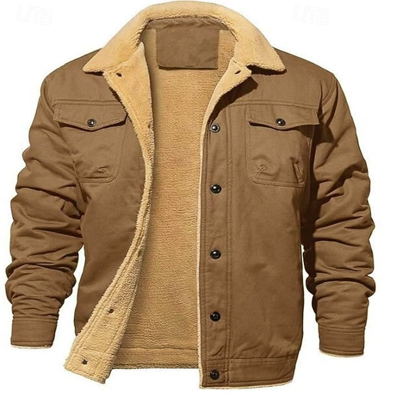 Mens Sherpa Lined Trucker Jacket with Fold Down Collar, Chest and Side Pockets and Button Closure in Five Colors