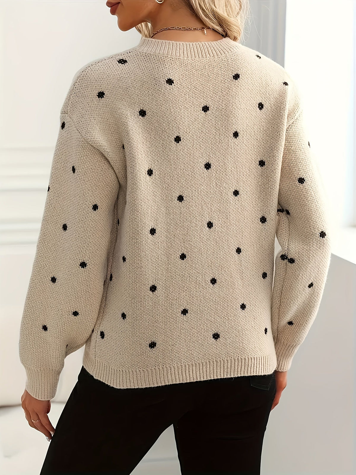Polka Dot Crew Neck Sweater with Light Stretch and Soft Warm Knit for Fall and Winter