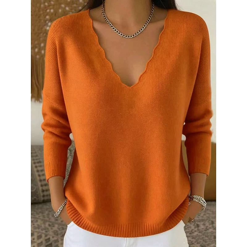 Womens Scalloped V Neck Pullover with Relaxed Fit in Ten Colors and Sizes Small to 3XL