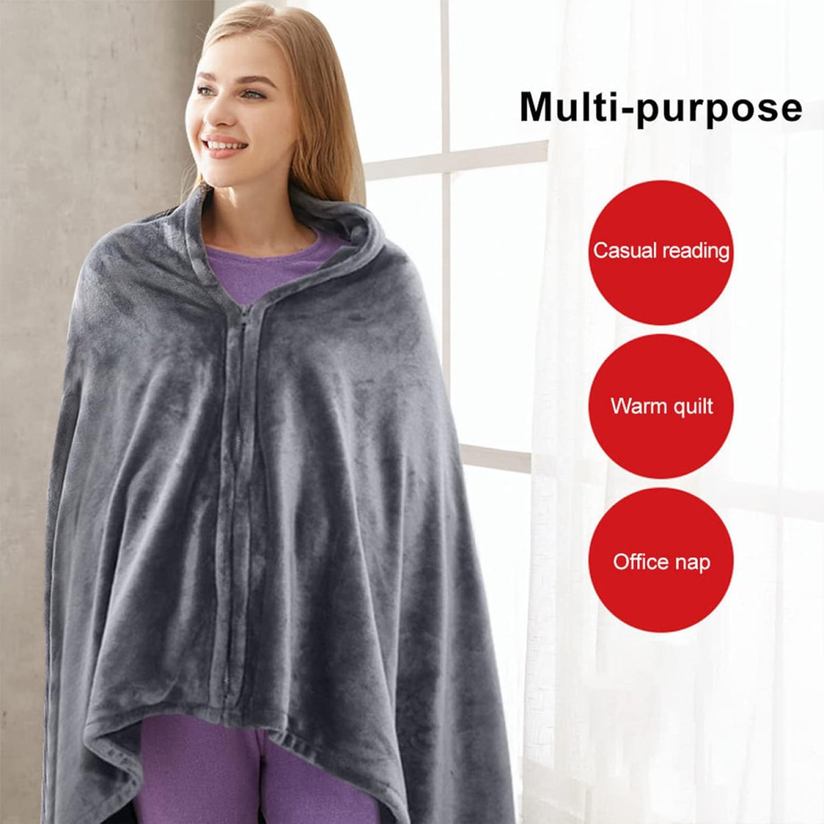 Electric Shawl Blanket with Zipper and Three Heat Modes, Machine Washable