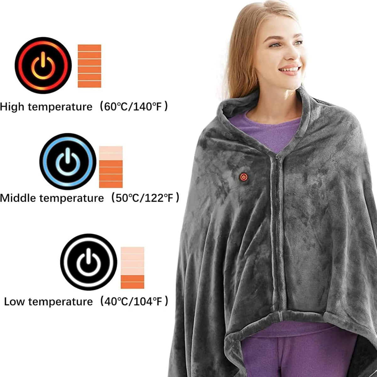 Electric Shawl Blanket with Zipper and Three Heat Modes, Machine Washable