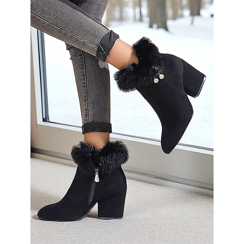 Block Heel Ankle Boots with Plush Trim, Pointed Toe and Side Zip in Brown or Black