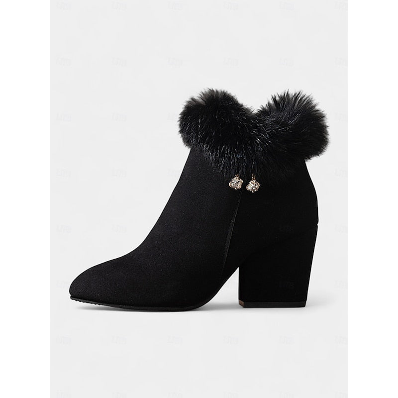 Block Heel Ankle Boots with Plush Trim, Pointed Toe and Side Zip in Brown or Black