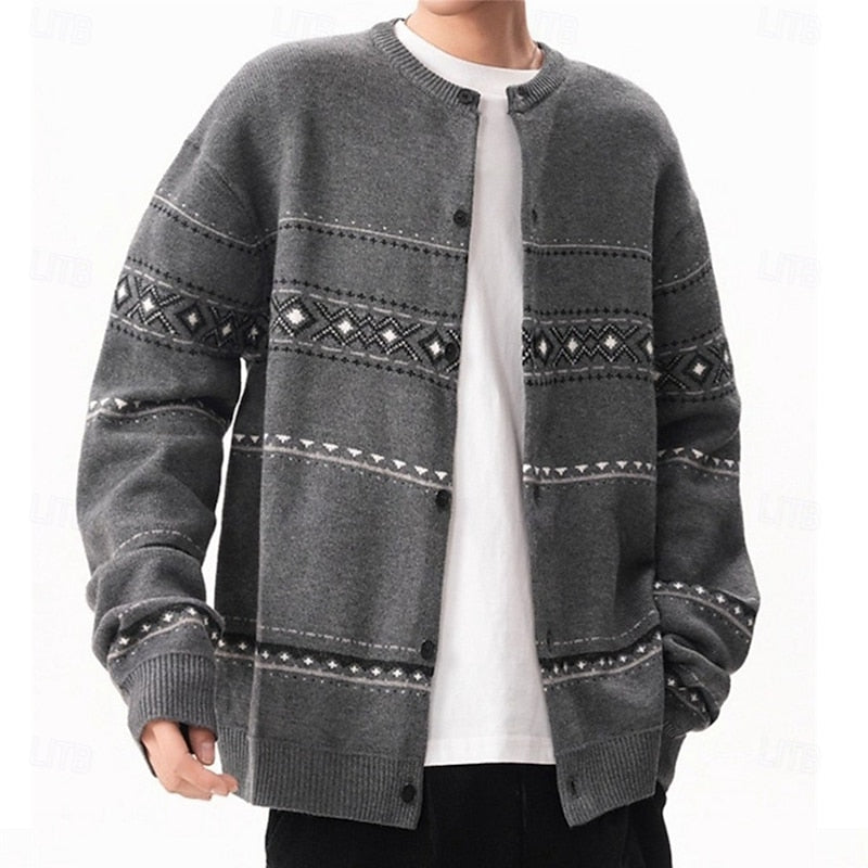 Mens Button Down Patterned Cardigan with Full Front Closure and Regular Fit in Dark Gray or Beige