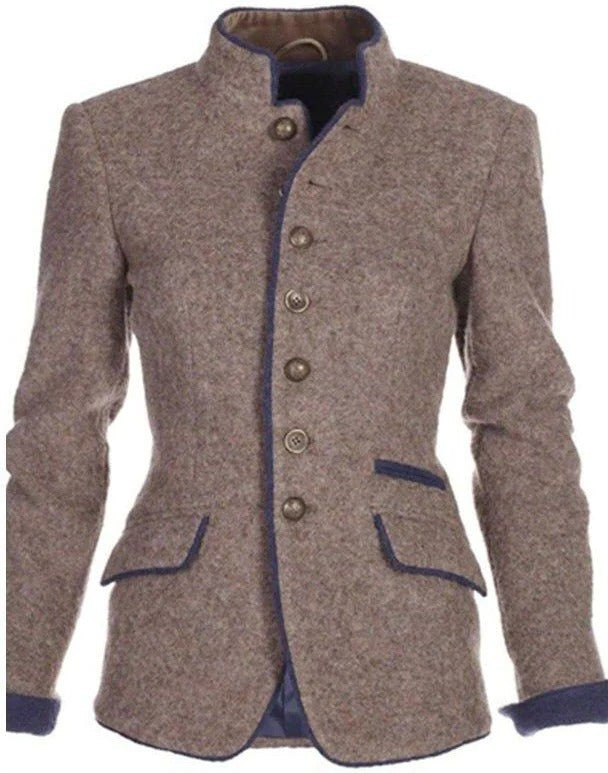 Two Tone Blazer with Stand Collar and Button Front, Cropped Waist
