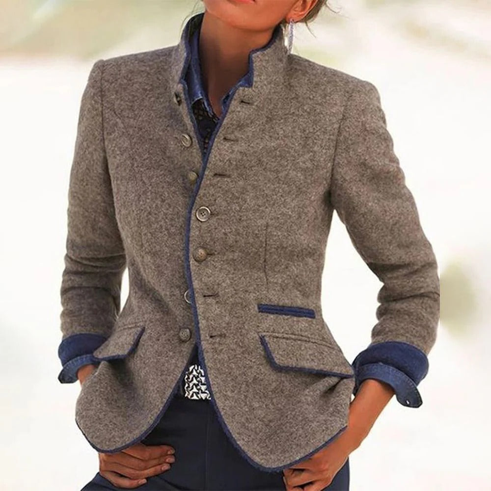 Two Tone Blazer with Stand Collar and Button Front, Cropped Waist