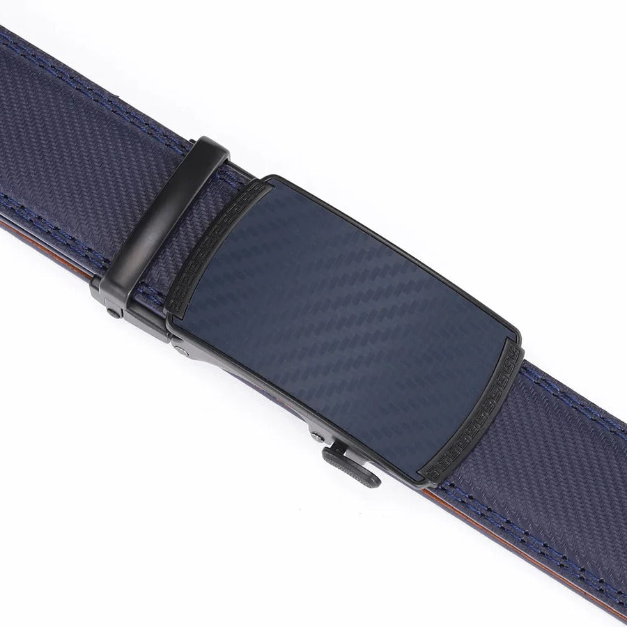 Mens Genuine Leather Ratchet Belt with Automatic Slide Buckle in Black Brown Or Blue