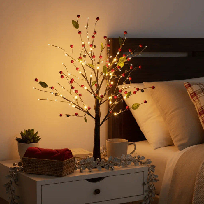 Light Up Tree with Red Berries and Soft Warm Glow Standing 21 Inches Tall for Tabletops