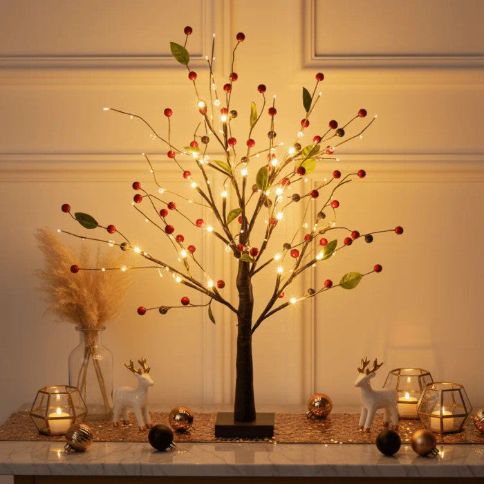 Light Up Tree with Red Berries and Soft Warm Glow Standing 21 Inches Tall for Tabletops
