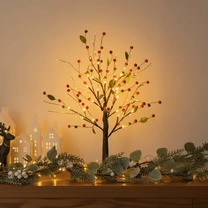 Light Up Tree with Red Berries and Soft Warm Glow Standing 21 Inches Tall for Tabletops