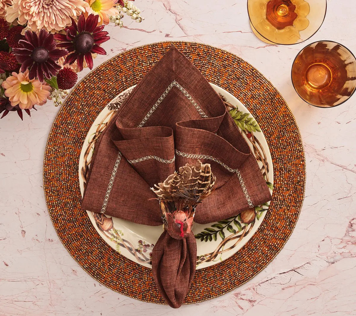 Thanksgiving Turkey Napkin Rings with Natural Feathers, Set of 4