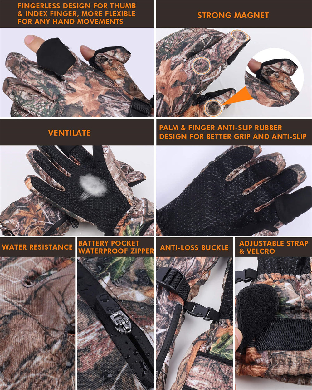 Heated Vest and Glove Set with Eight Carbon Fiber Zones and Flip Fingertips for Hunting