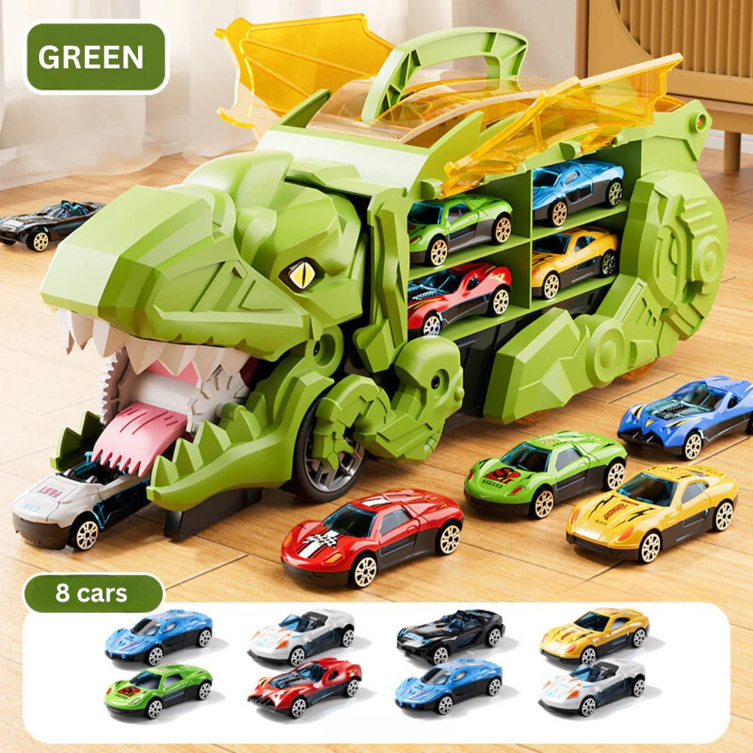 Dinosaur Transport Truck That Transforms into an Upright Dinosaur with Two Race Tracks and Storage for Eight Toy Cars