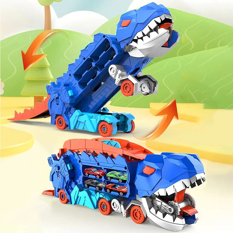 Dinosaur Transport Truck That Transforms into an Upright Dinosaur with Two Race Tracks and Storage for Eight Toy Cars