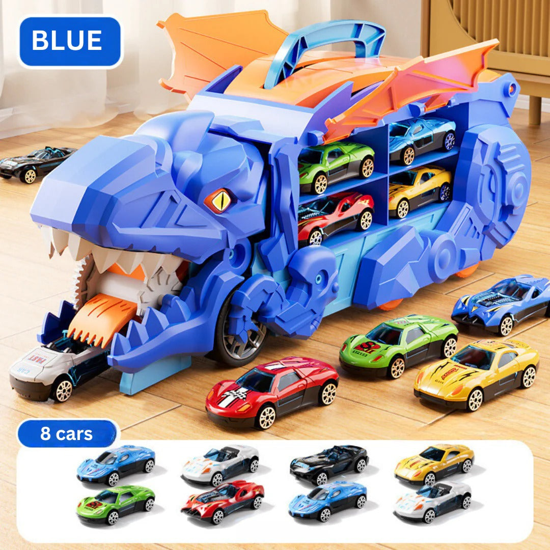 Dinosaur Transport Truck That Transforms into an Upright Dinosaur with Two Race Tracks and Storage for Eight Toy Cars