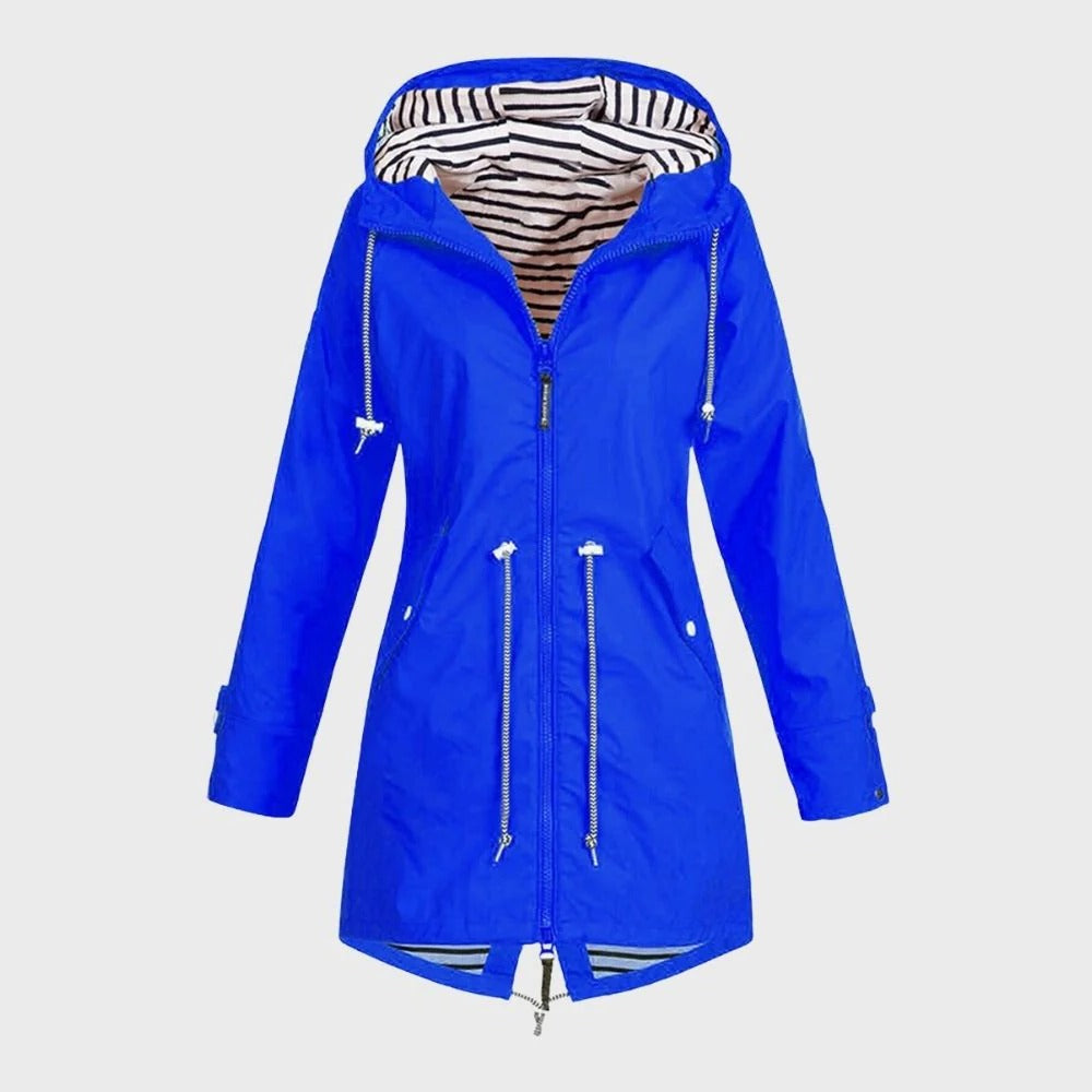Women's Long Rain Jacket with Adjustable Drawstring Hood and Breathable Fabric
