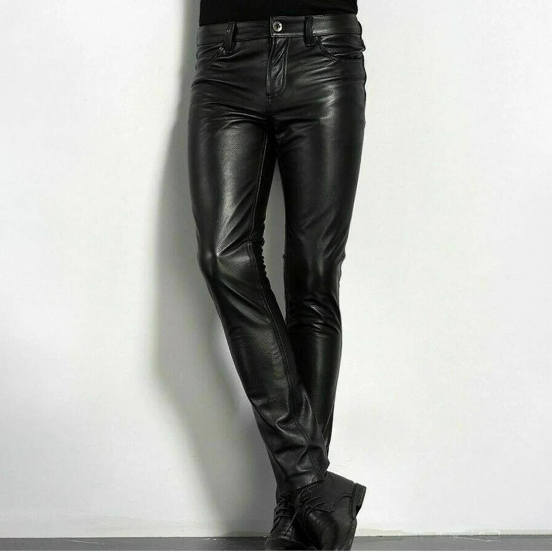 Black Faux Leather Pants with Spandex Blend and Low Rise, Slim Ankle Length