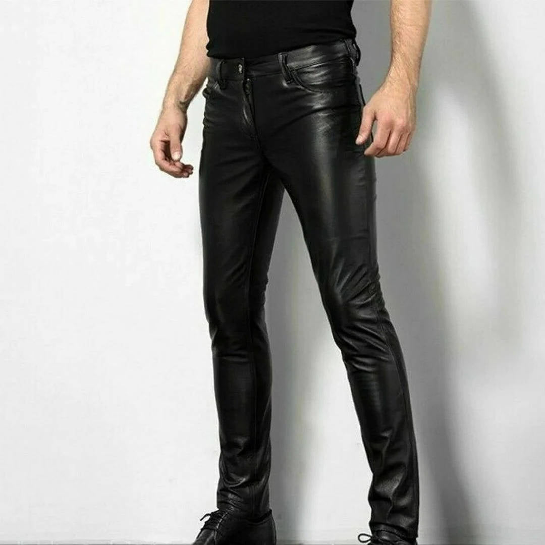 Black Faux Leather Pants with Spandex Blend and Low Rise, Slim Ankle Length