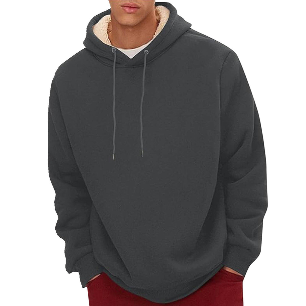 Sherpa Fleece Hoodie for Men with Hidden Zipper Pocket and Raglan Sleeves