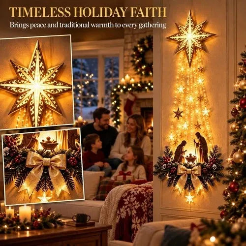 Wall Hanging Holy Family Scene in Resin with Evergreen Trim, Red Berries and a Lit Star