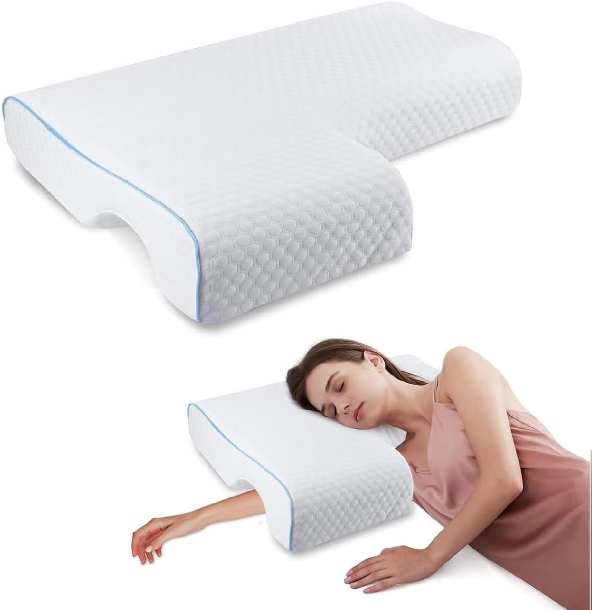 L-Shaped Couple Pillow with Arm Tunnel and Breathable Knit Cover, Removable Washable Case