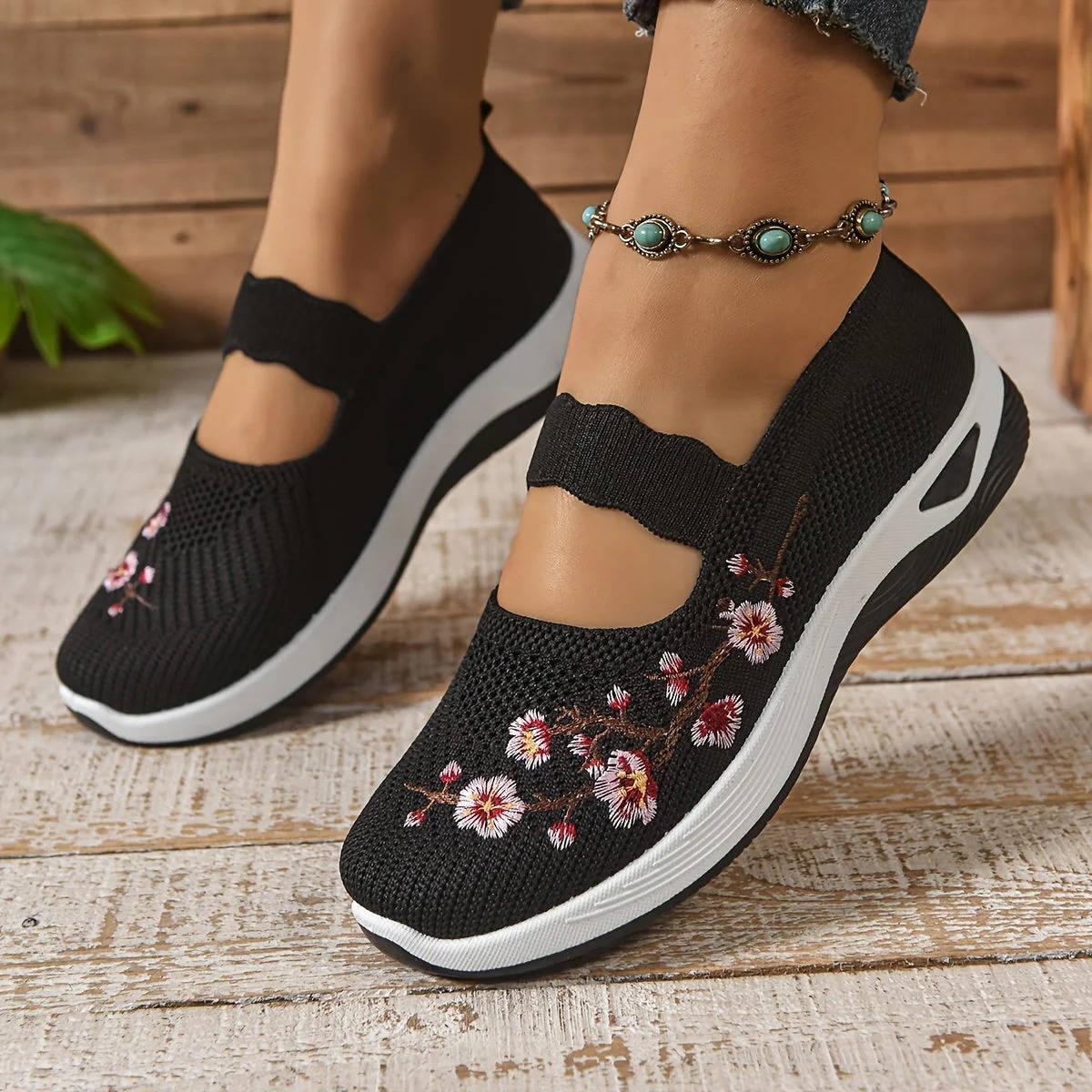 Breathable Mary Jane Shoe with Mesh Upper and Elastic Instep Strap, Floral Embroidery