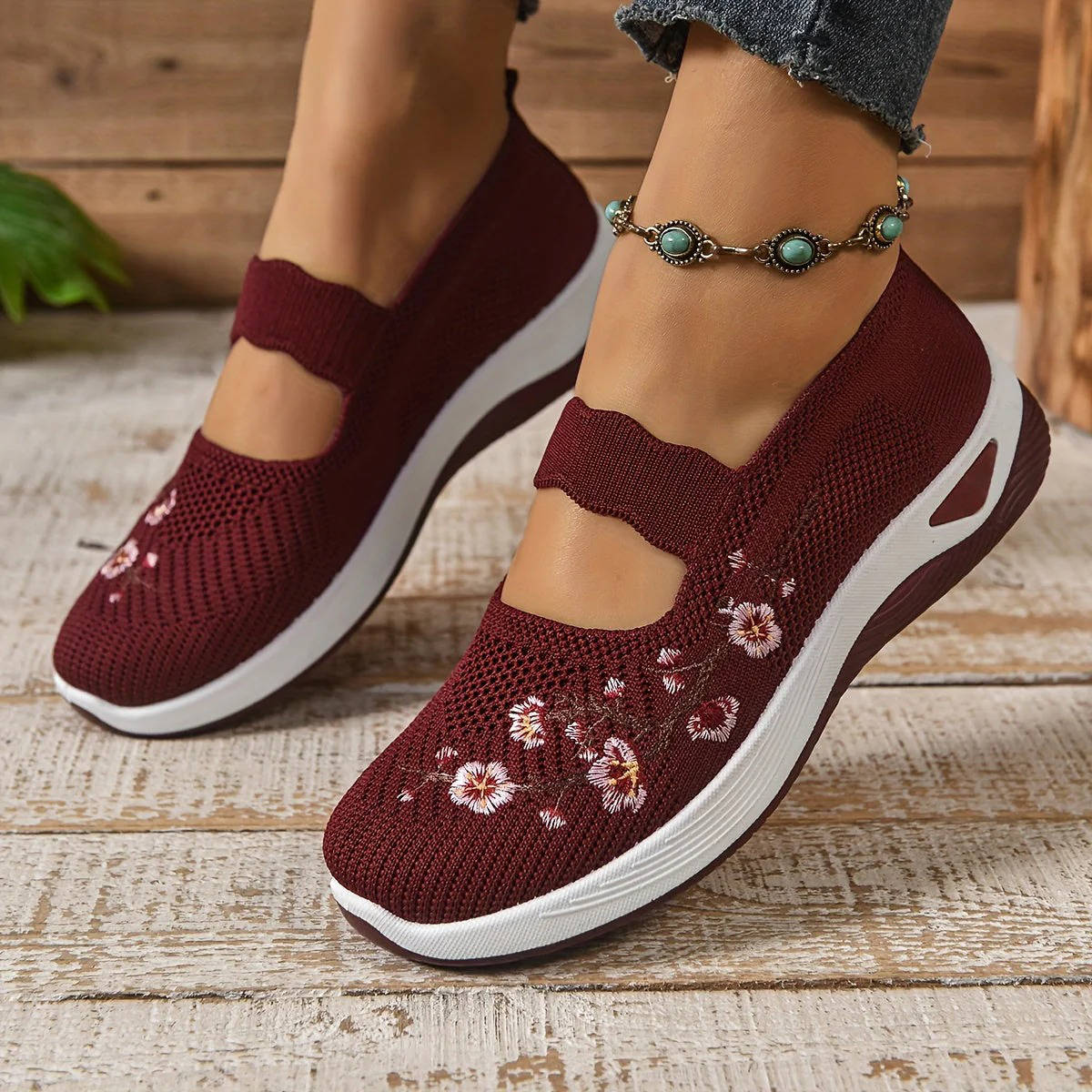 Breathable Mary Jane Shoe with Mesh Upper and Elastic Instep Strap, Floral Embroidery
