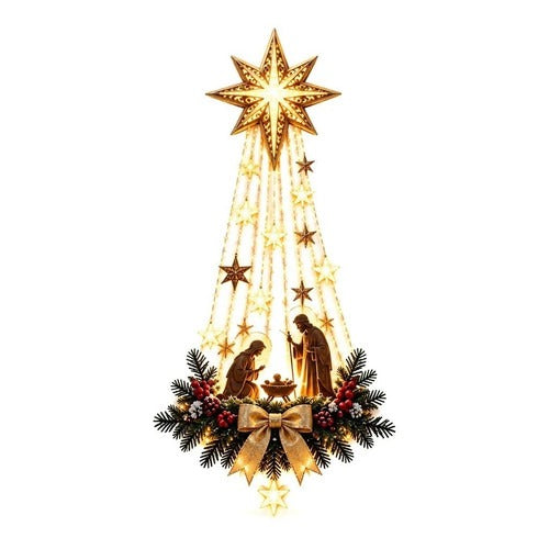 Wall Hanging Holy Family Scene in Resin with Evergreen Trim, Red Berries and a Lit Star