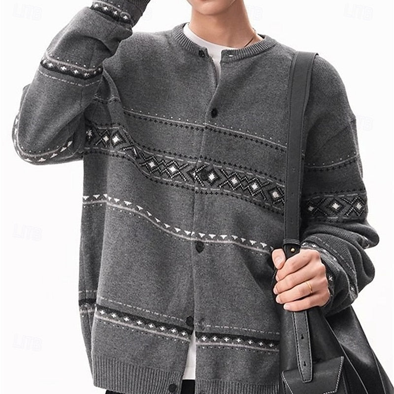 Mens Button Down Patterned Cardigan with Full Front Closure and Regular Fit in Dark Gray or Beige