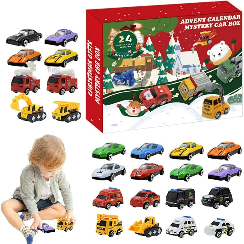 Pull Back Car Advent Calendar with 24 Mini Vehicles in Bright Colors for Racing at Home