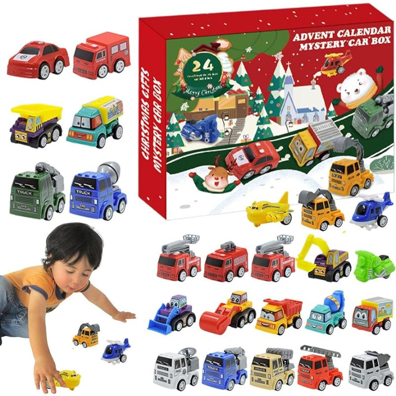 Pull Back Car Advent Calendar with 24 Mini Vehicles in Bright Colors for Racing at Home