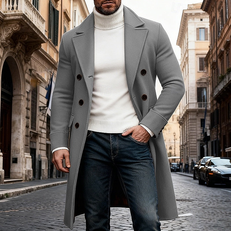 Mens Long Overcoat with Double Breasted Look, Roomy Pockets and Structured Fit in Eight Colors