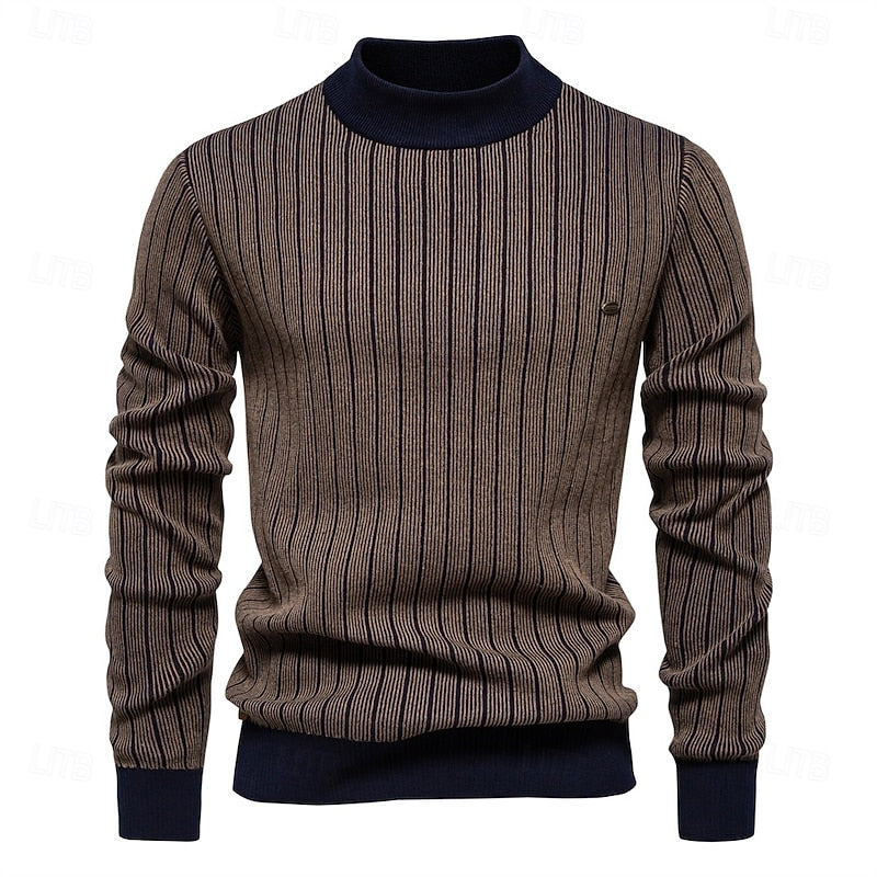 Mens Ribbed Mock Neck Sweater with Vertical Rib Pattern and Tailored Relaxed Fit in Four Colors