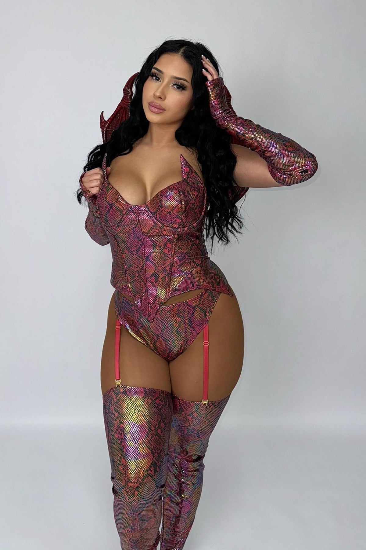 Dragon Costume Set with Wings and Horn Headband, Bodysuit, Gloves and Leg Wraps