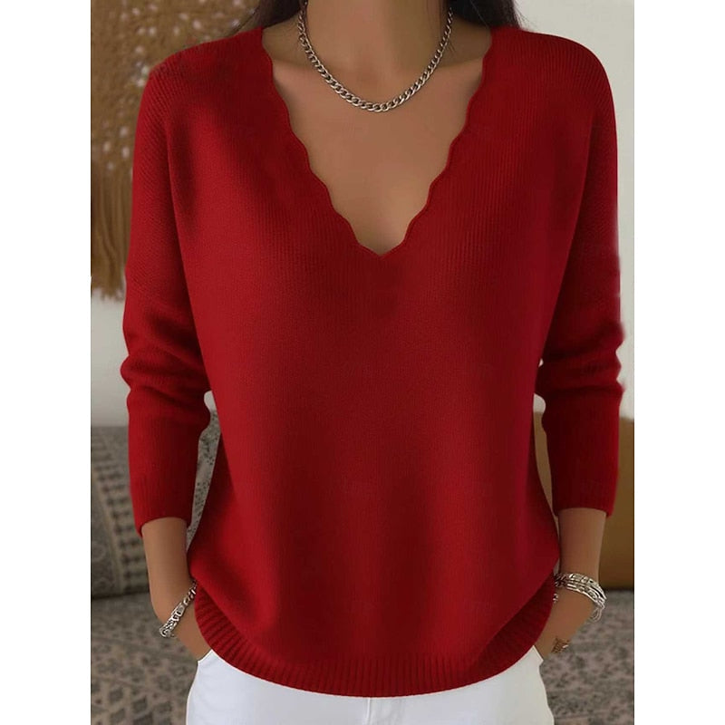 Womens Scalloped V Neck Pullover with Relaxed Fit in Ten Colors and Sizes Small to 3XL