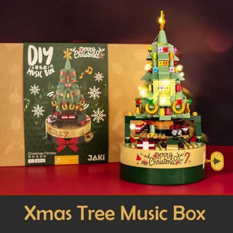 Musical Christmas Tree Building Set with Hand Crank Music Box and Assembly Pieces