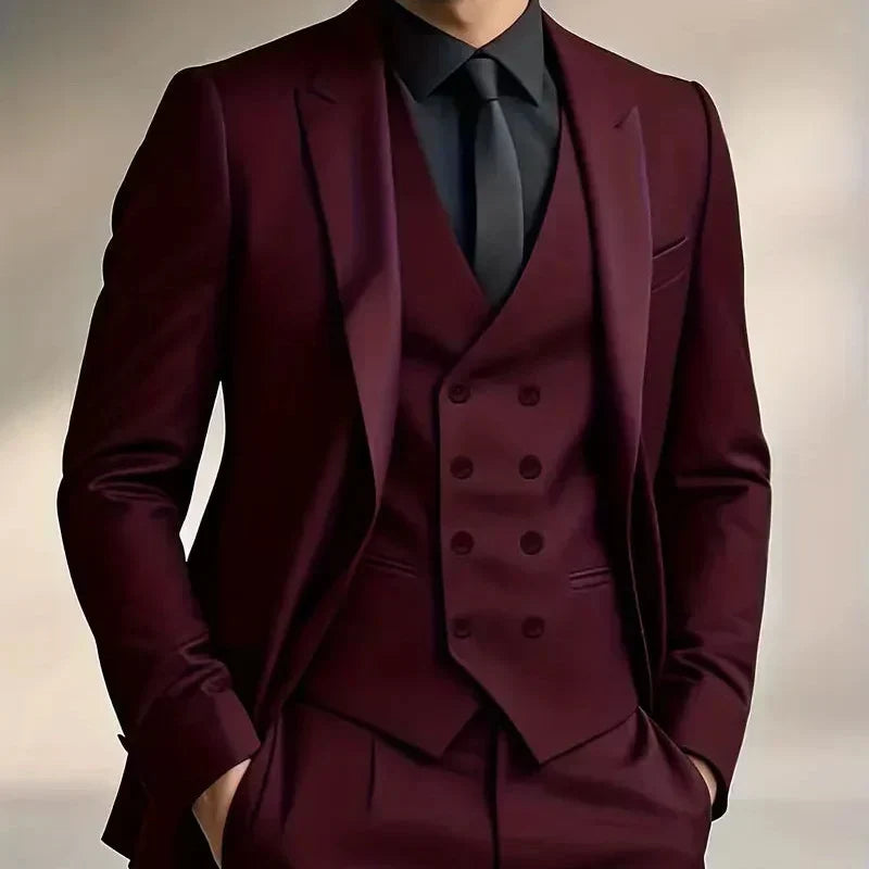 Dynamic pose of a man in a slim fit double-breasted 3-piece suit with an elegant waistcoat.